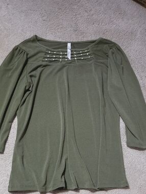 NY Collection Olive Green Studded Boatneck Long Sleeve Top - Scoop Yoke